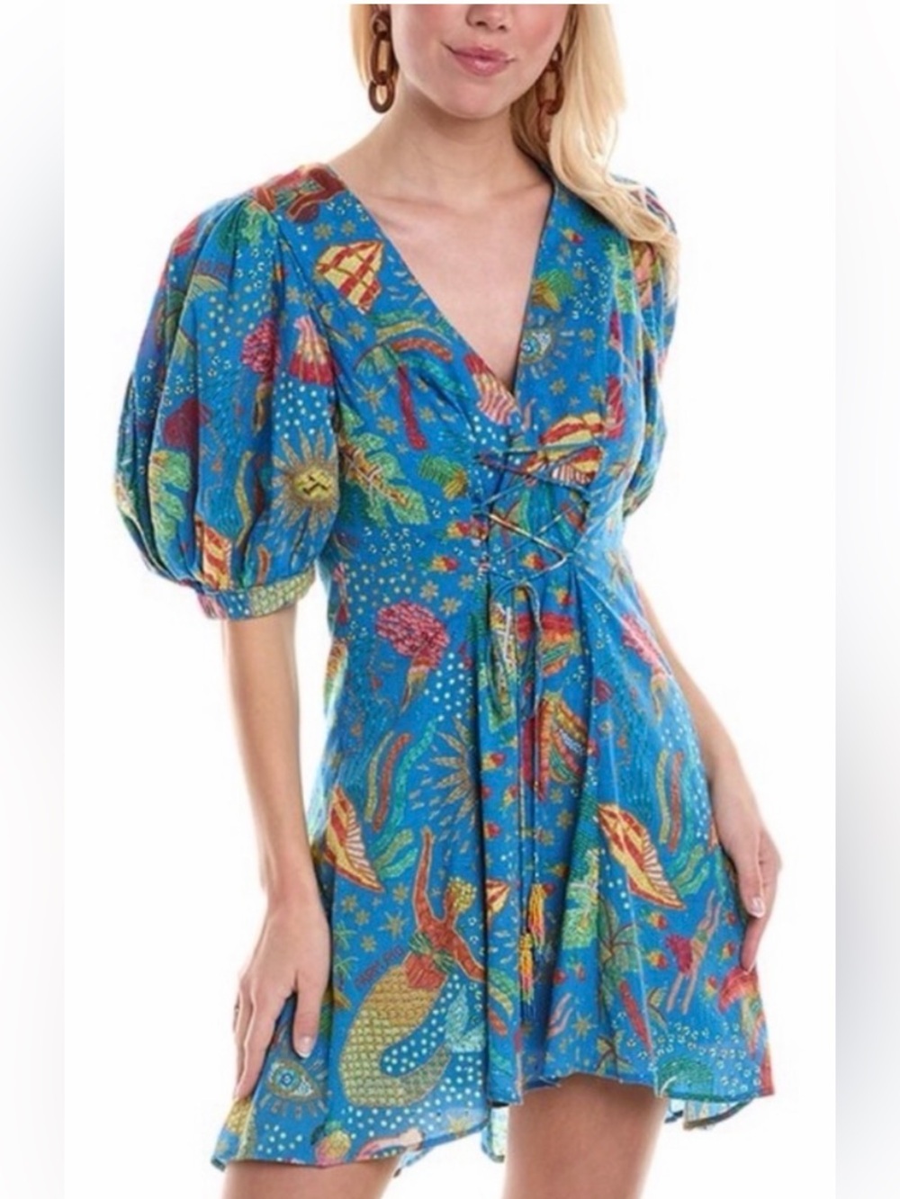 FARM Rio Blue Sea-Life Puff-Sleeve Mini Dress